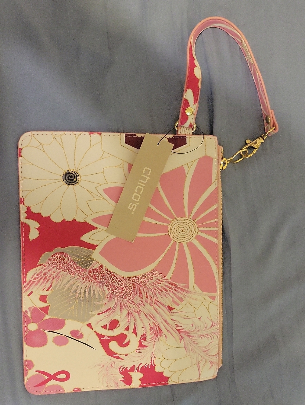 NWT Chico's Pink Floral and Cream Wristlet Clutch with Gold Hardware